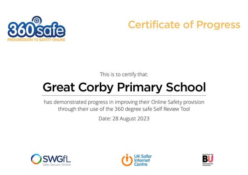 360 Safe National Online Safety Self-Review Toolkit certificate, supported by Keeping Children Safe in Education (KCSIE).